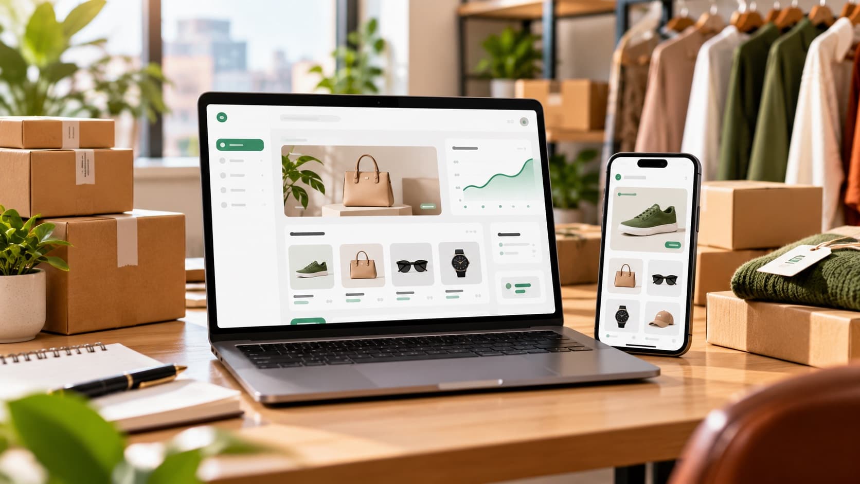 Interface e-commerce sur ordinateur et téléphone